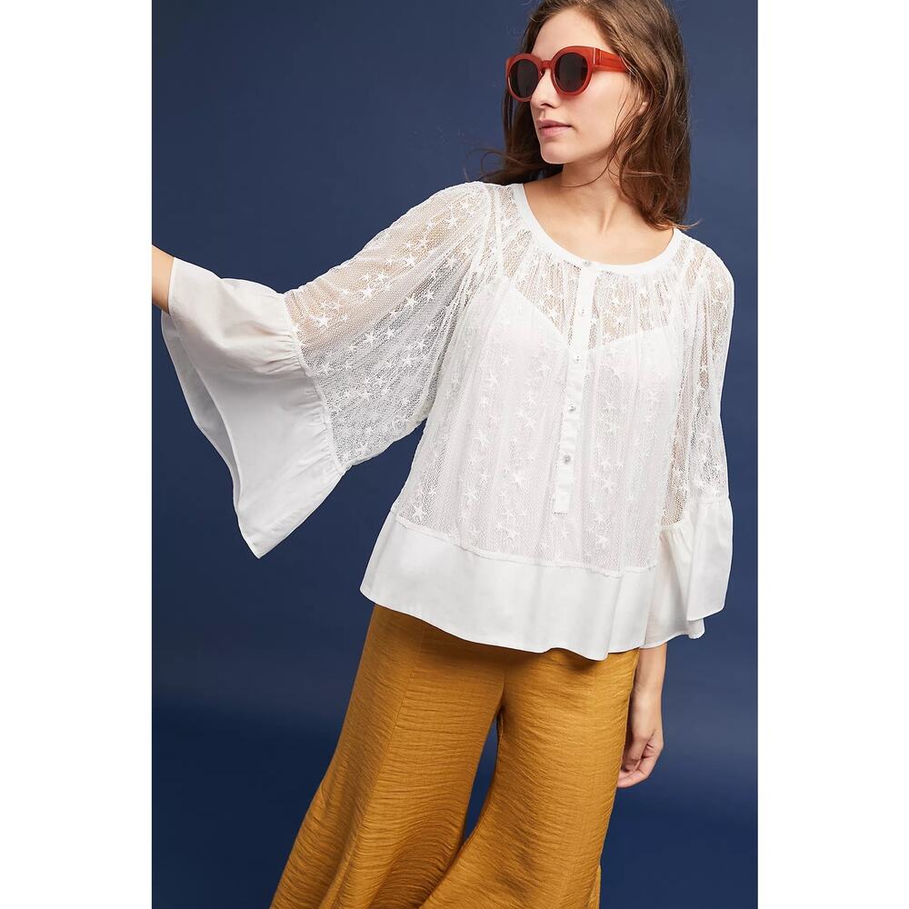 Anthropologie Akemi + Kin Henley Mesh Kimono Top Size M in White